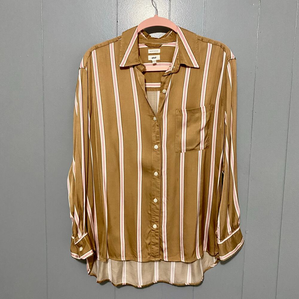 Aerie Tan Striped Satin PJ-To-Party Long Sleeve Button-down Casual Shirt S